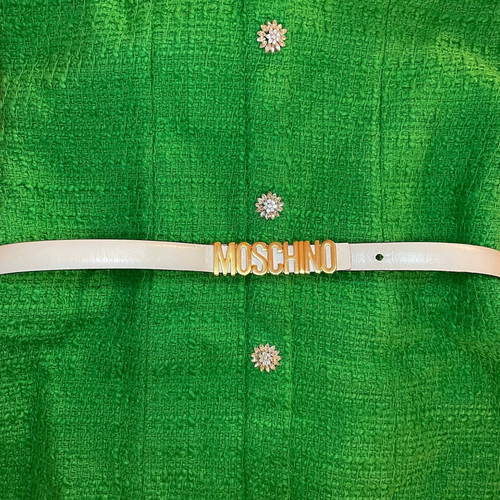 Moschino White Leather Belt with Gold Logo